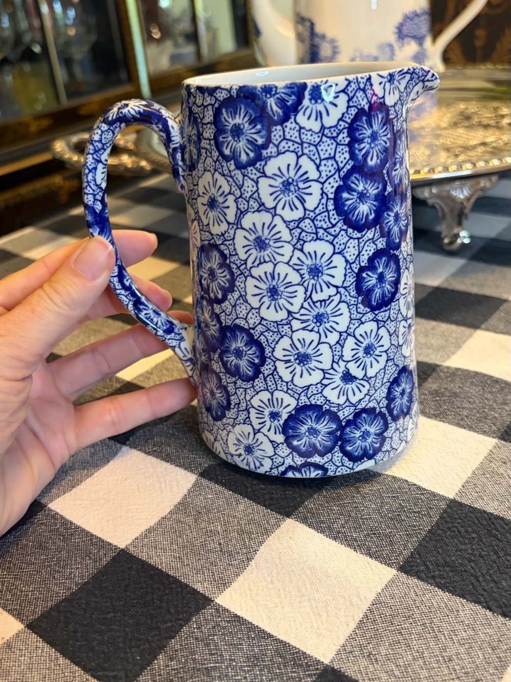 Burleigh Ironstone / Stafford England Calico Blue & White Floral Ceramic Pitcher - Picture 3 of 11